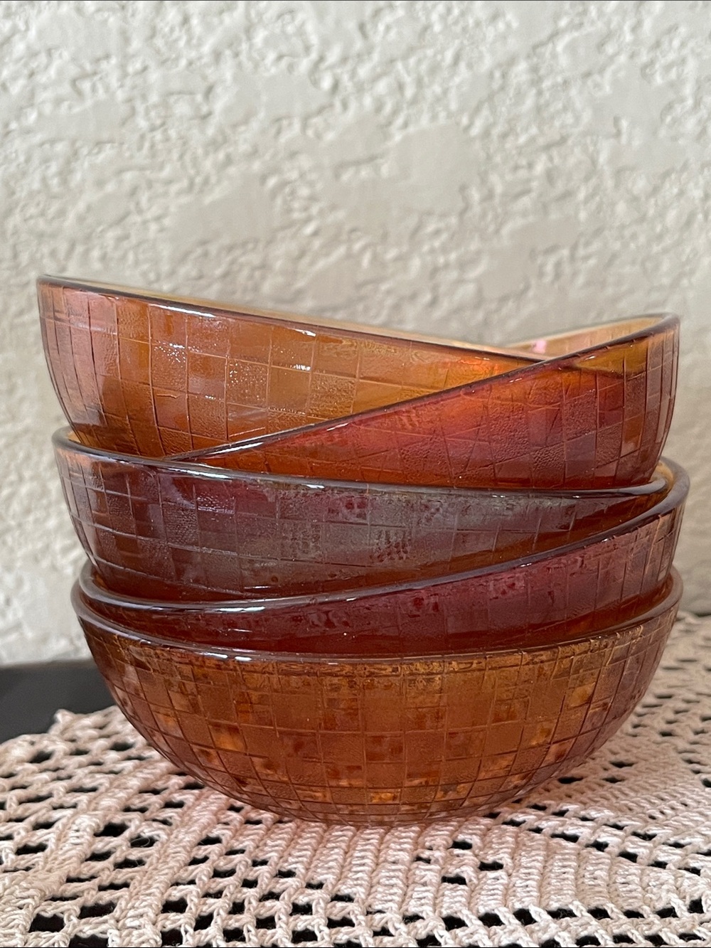 Vintage Marigold Amber Carnival Glass Bowls Set of 5 Cube Checkered UV Glow